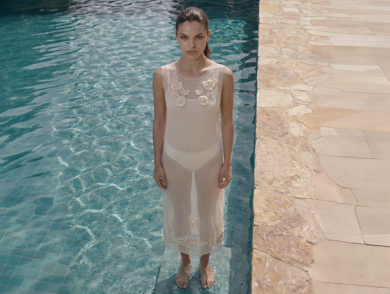 Resort and summer styling of the Fendi organza dress over a white one-piece swimsuit